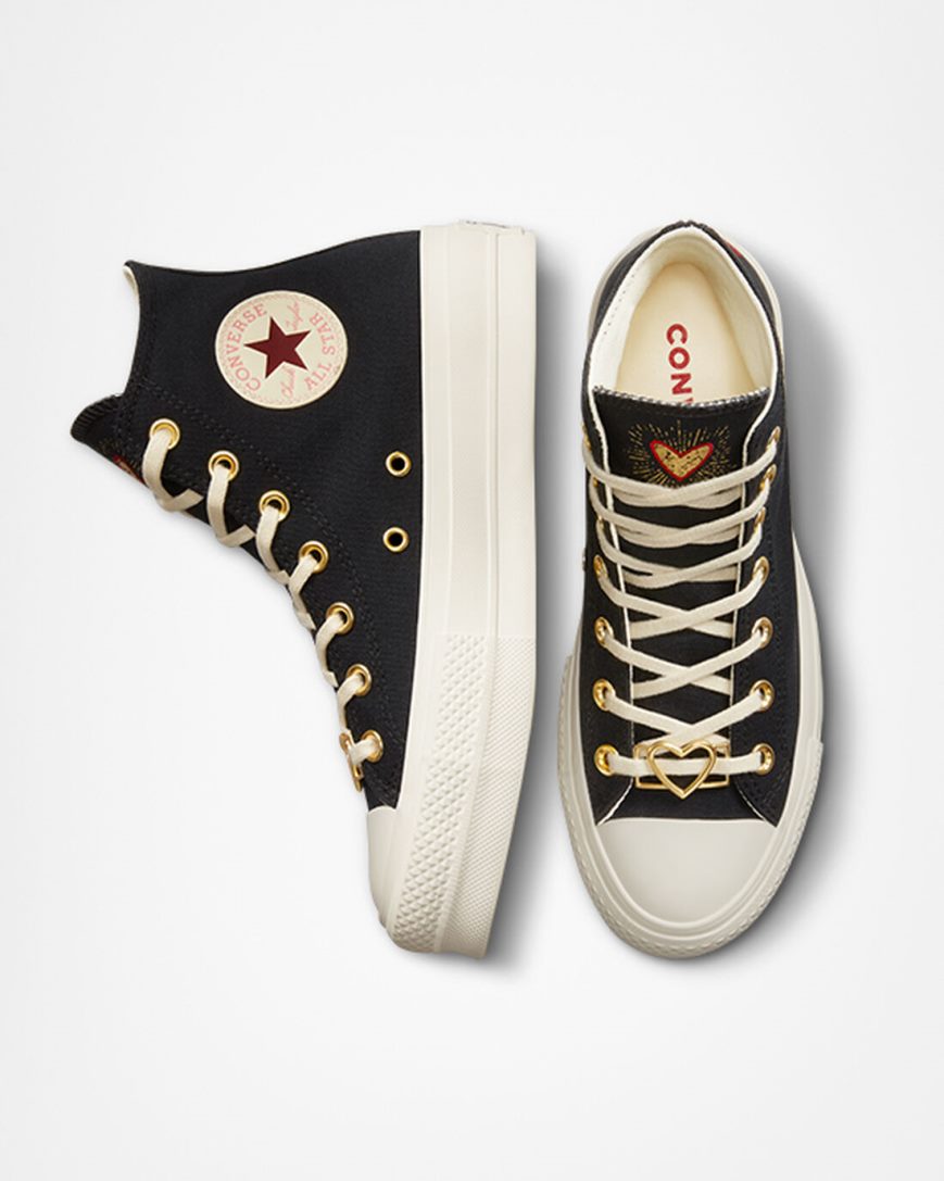 Topanky Na Platforme Converse Chuck Taylor All Star Lift Hearts Vysoke Damske Čierne Tmavo Červené | SK HUFRN3